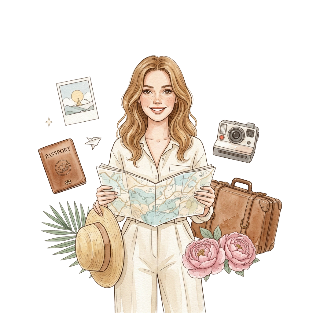 A friendly traveller in a sun hat reading a map, surrounded by peonies, a passport, polaroid camera and paper airplane